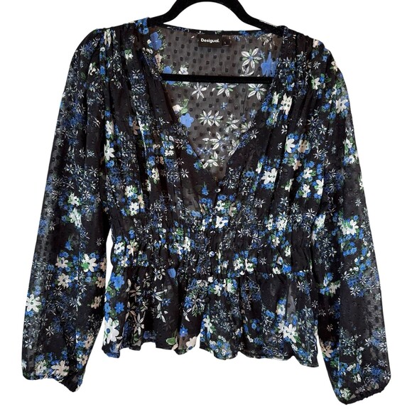 Desigual Blouse Shirt Size Large Rhode Island Black White Floral‎ Sheer V-Neck - Picture 1 of 11